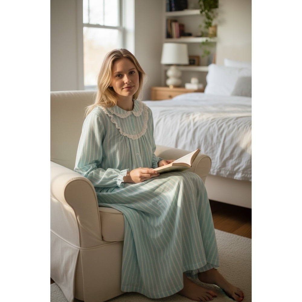 Blue Stripe Cotton Flannel Long Nightgown S Cottagecore Granny Cozy Winter